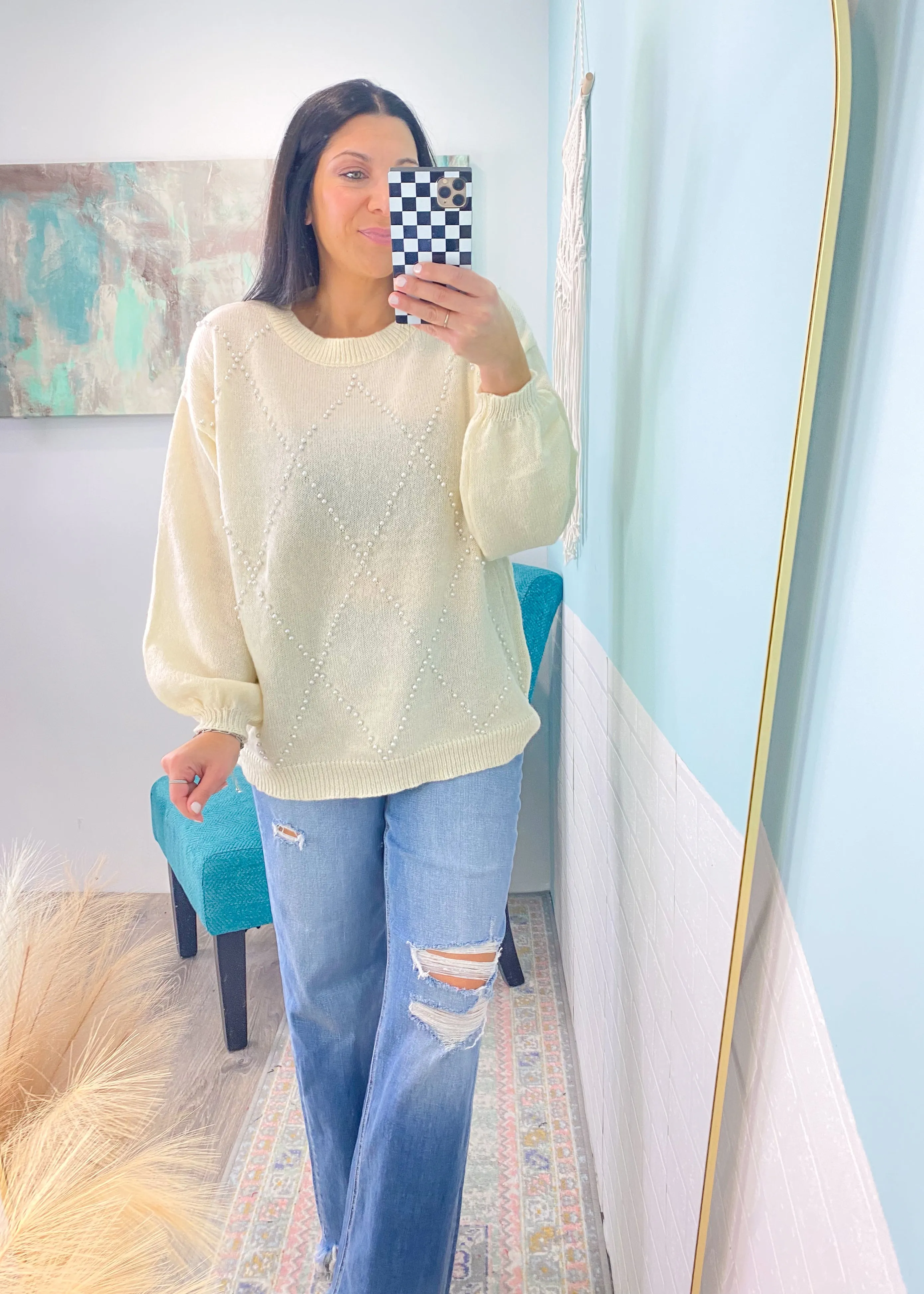 'Center of Attention' Cream Lightweight Sweater with Pearl Details