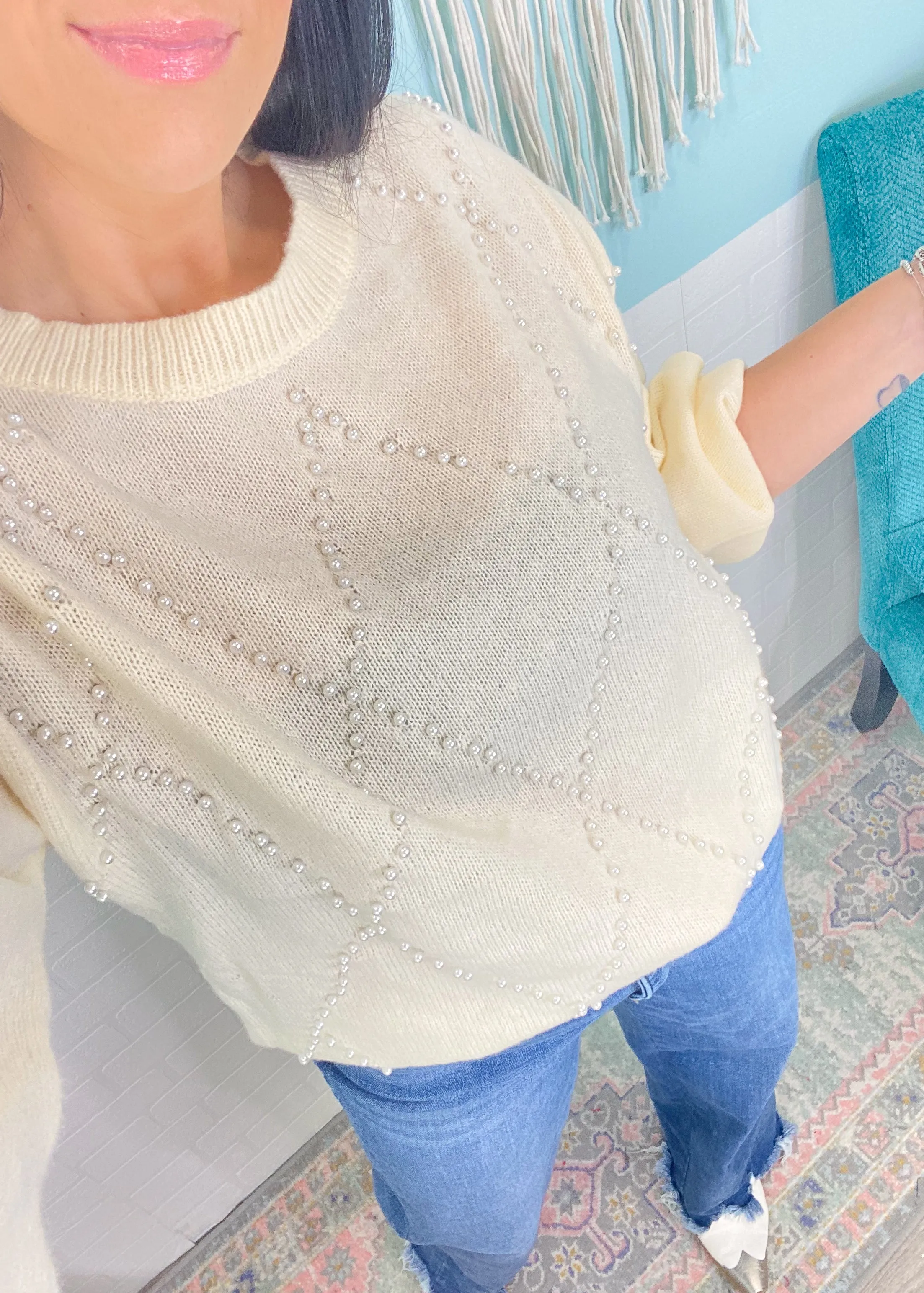 'Center of Attention' Cream Lightweight Sweater with Pearl Details