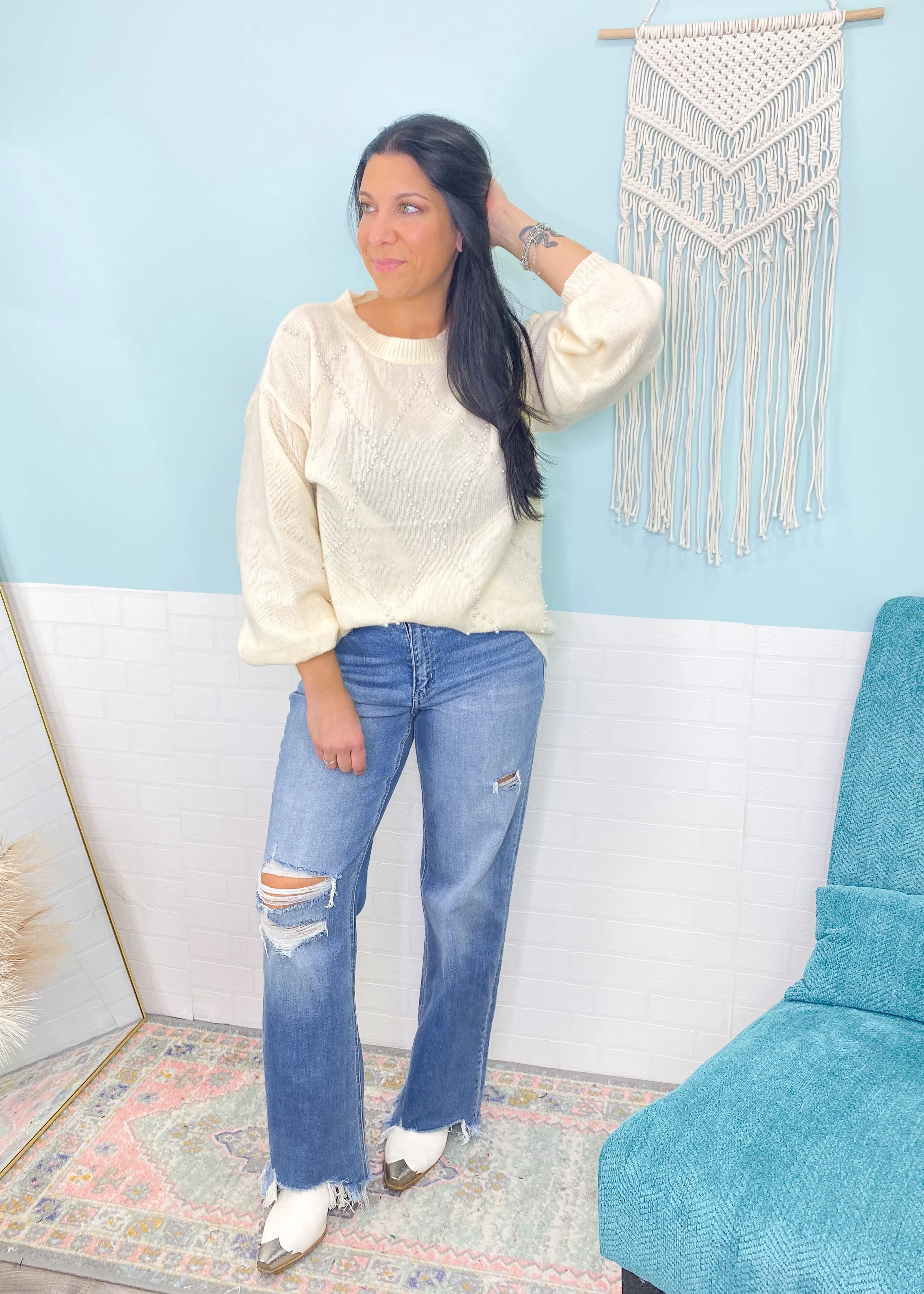 'Center of Attention' Cream Lightweight Sweater with Pearl Details