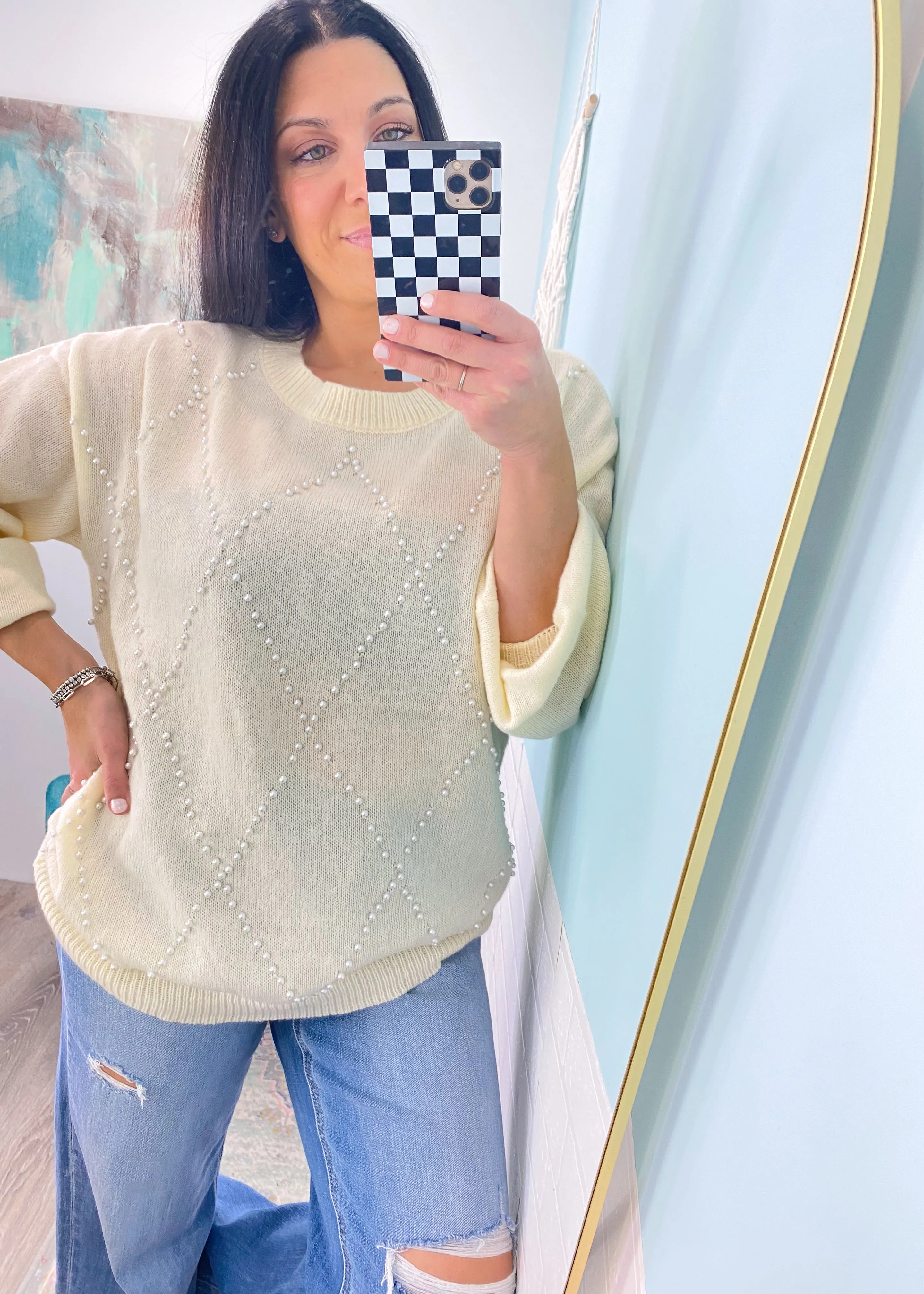 'Center of Attention' Cream Lightweight Sweater with Pearl Details