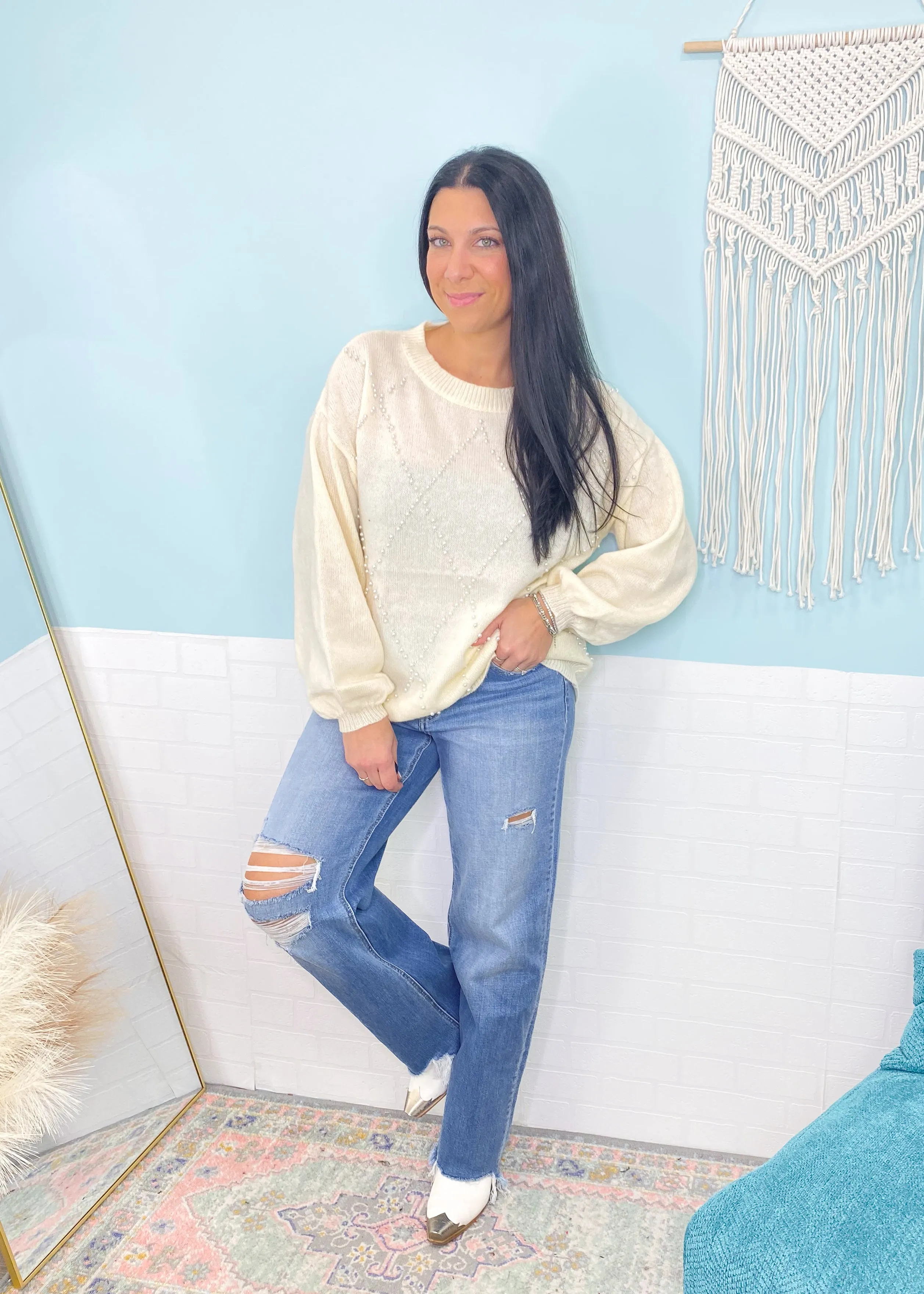 'Center of Attention' Cream Lightweight Sweater with Pearl Details