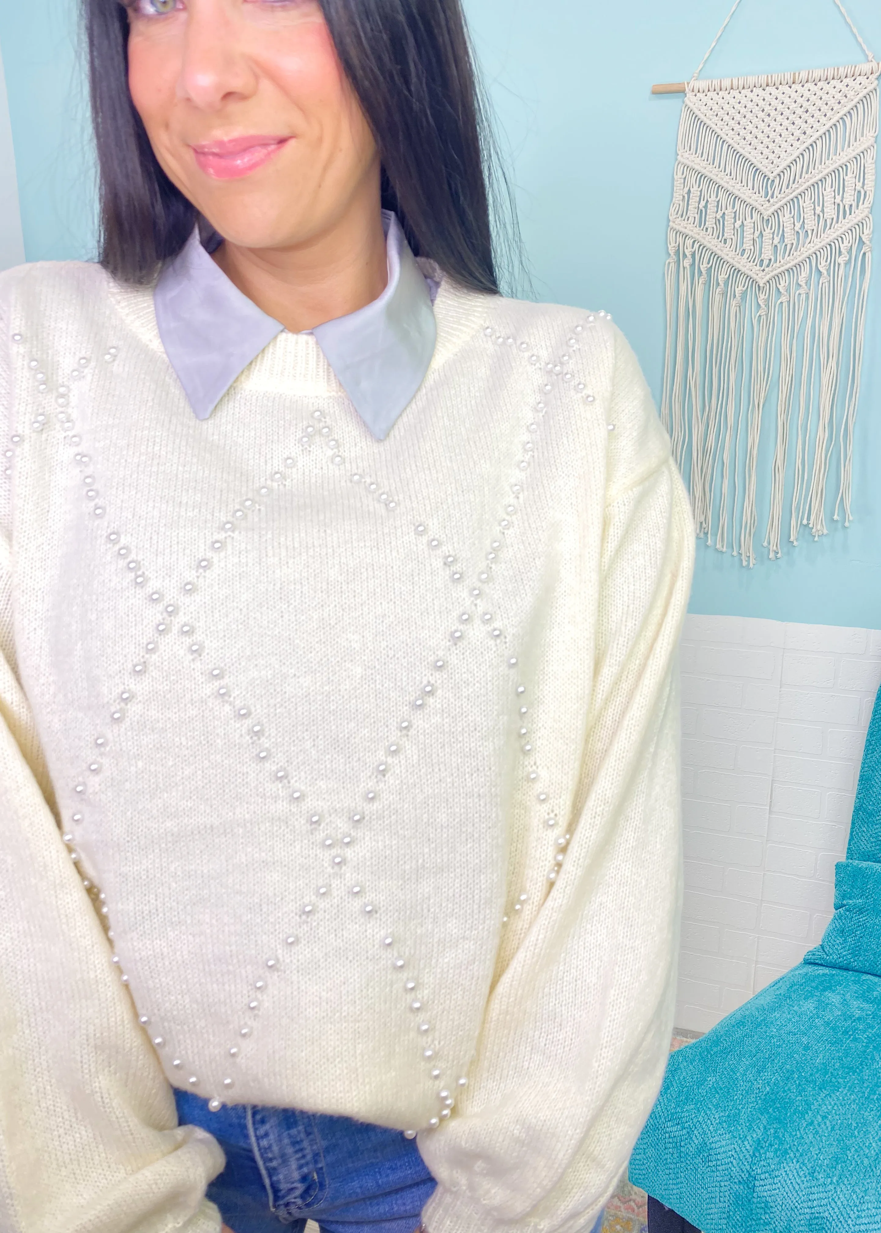 'Center of Attention' Cream Lightweight Sweater with Pearl Details