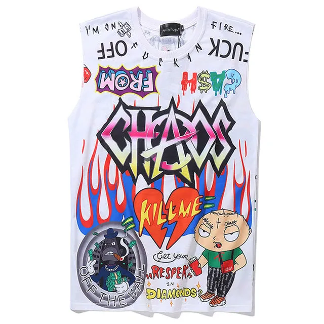 Chaos Cartoon Doodle Printed Hip Hop Streetwear Sleeveless