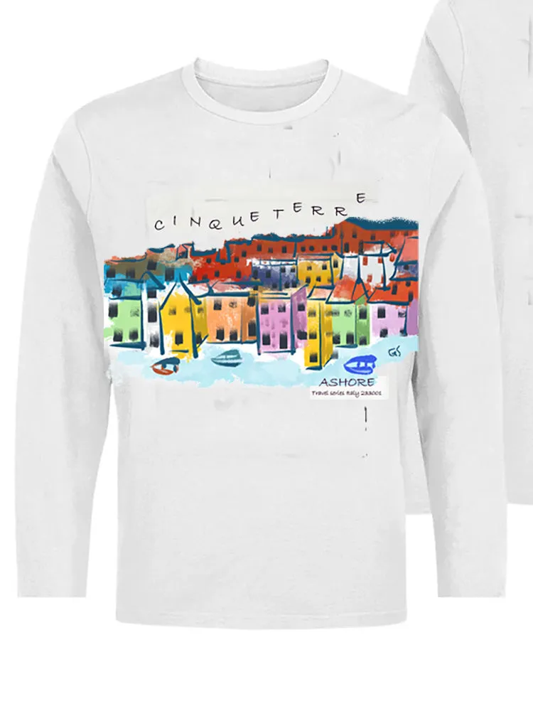 Cinque Terre-Italy Ashore Travel Shirts-  Series No. 233001 Artist Handpaint Long Sleeve Shirt EU Size 100% Cotton  High Quality Gifts Tops