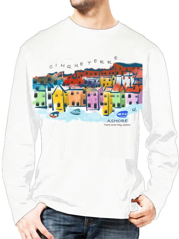 Cinque Terre-Italy Ashore Travel Shirts-  Series No. 233001 Artist Handpaint Long Sleeve Shirt EU Size 100% Cotton  High Quality Gifts Tops