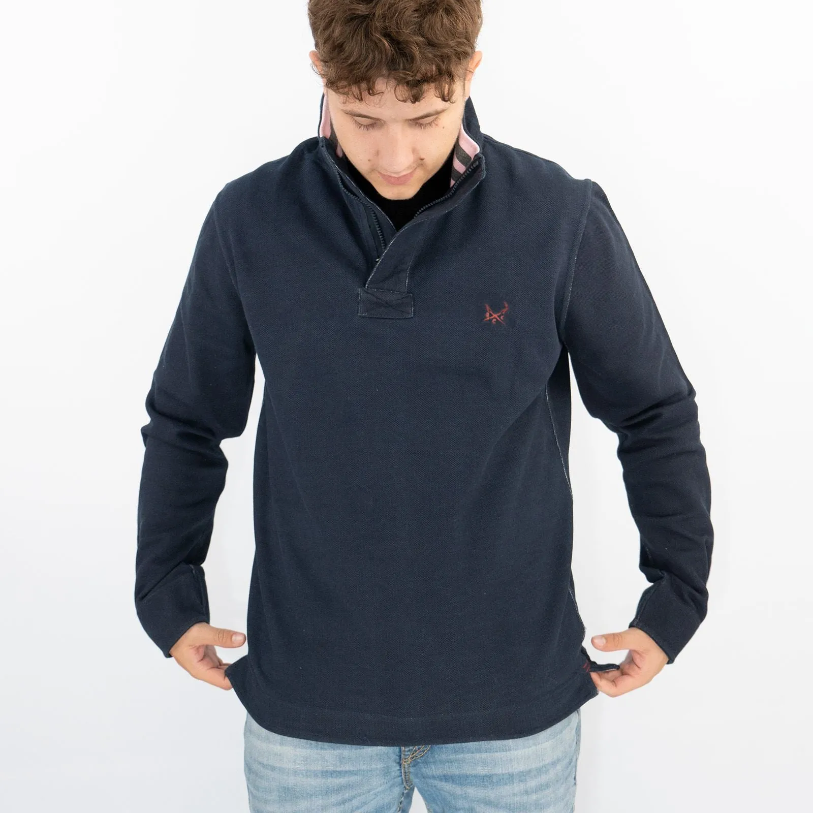 Crew Clothing Mens Navy Distressed Padstow Pique Half Zip Sweatshirt Jumper Tops