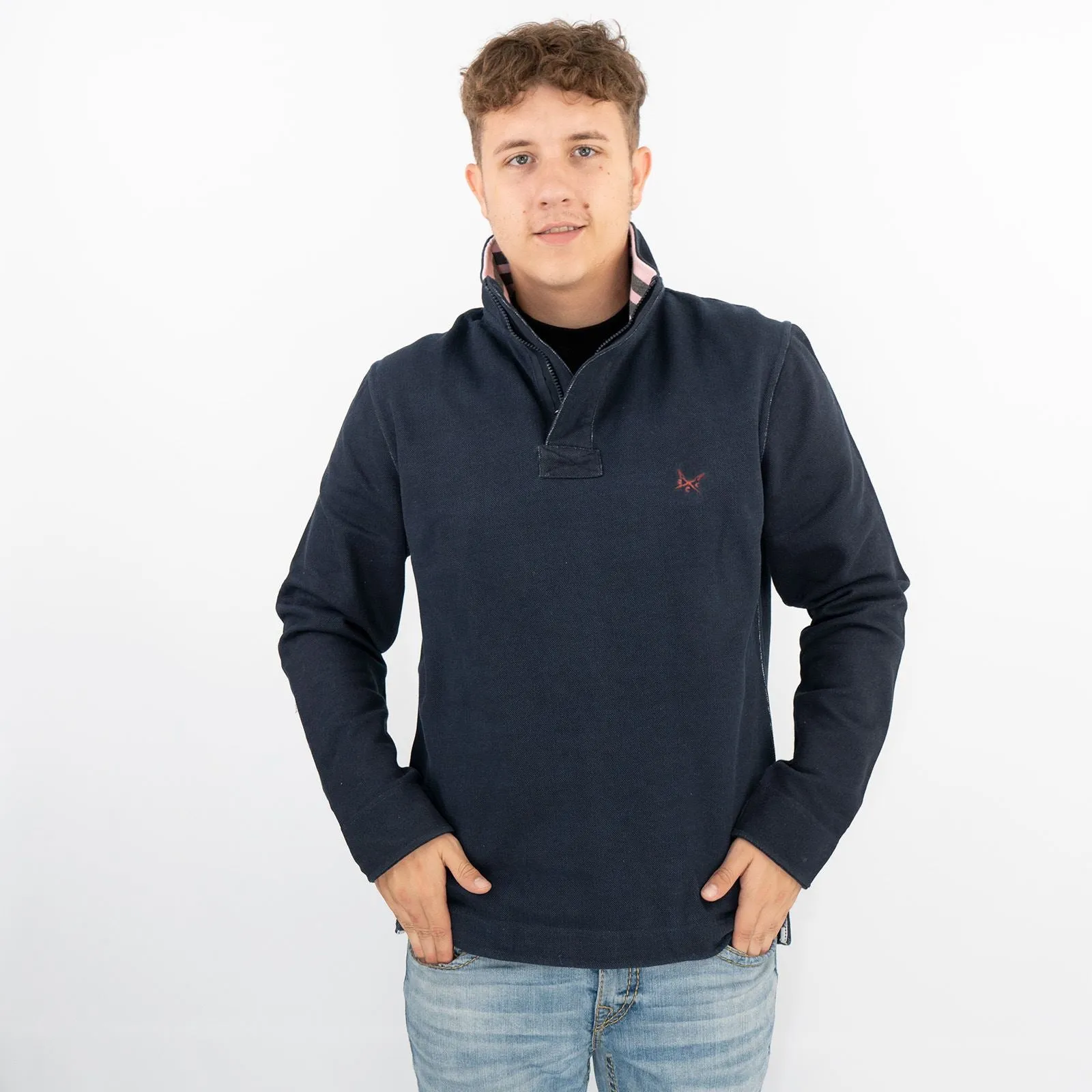 Crew Clothing Mens Navy Distressed Padstow Pique Half Zip Sweatshirt Jumper Tops