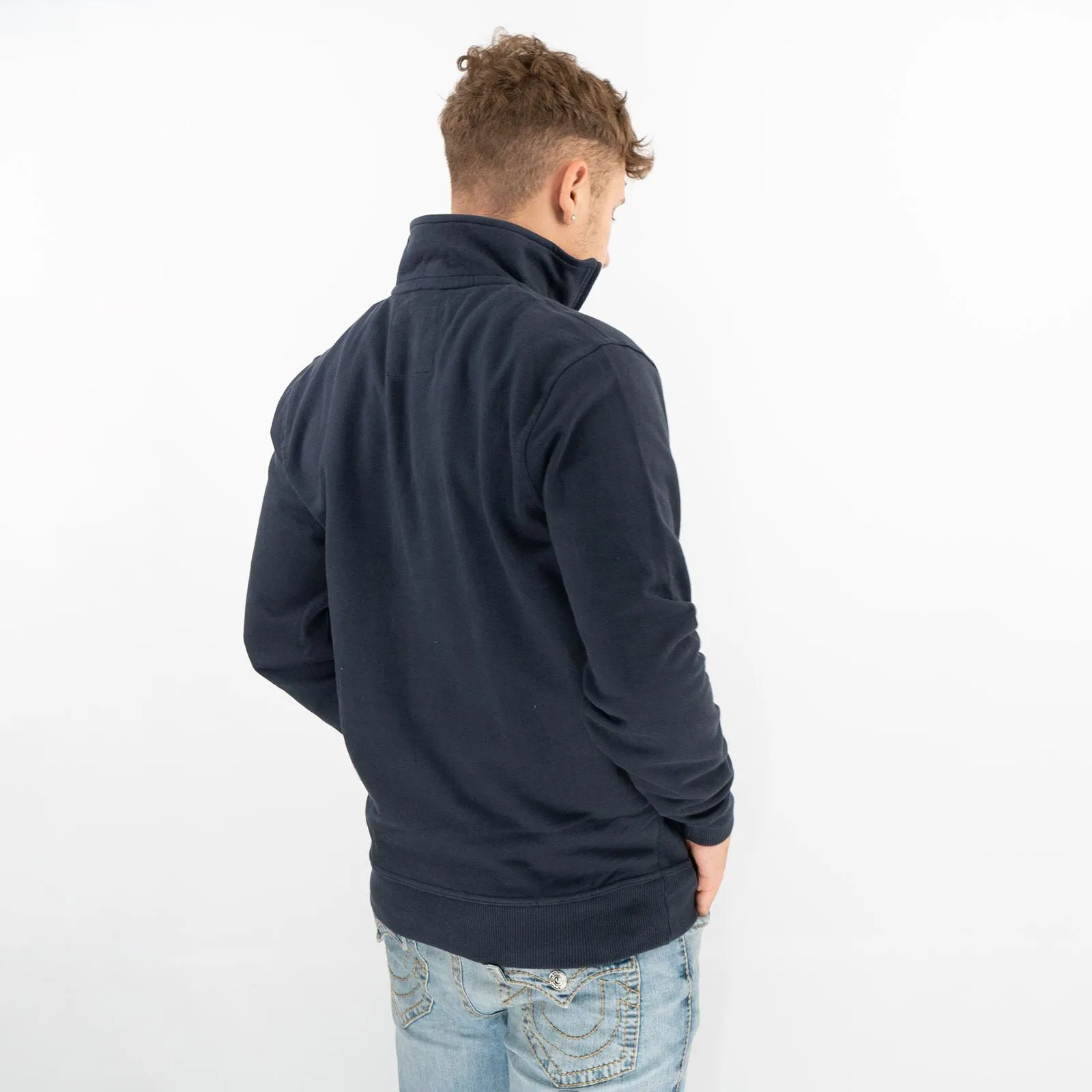 Crew Clothing Mens Navy Distressed Padstow Pique Half Zip Sweatshirt Jumper Tops