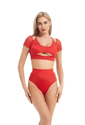 Hamade Activewear Mesh Hollow Front Crop Top - Red