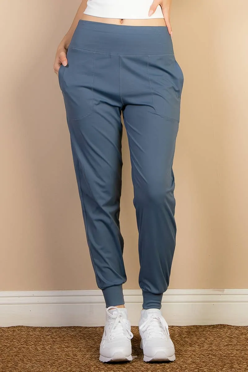 High Waisted Wide Waistband Joggers - Slate Blue