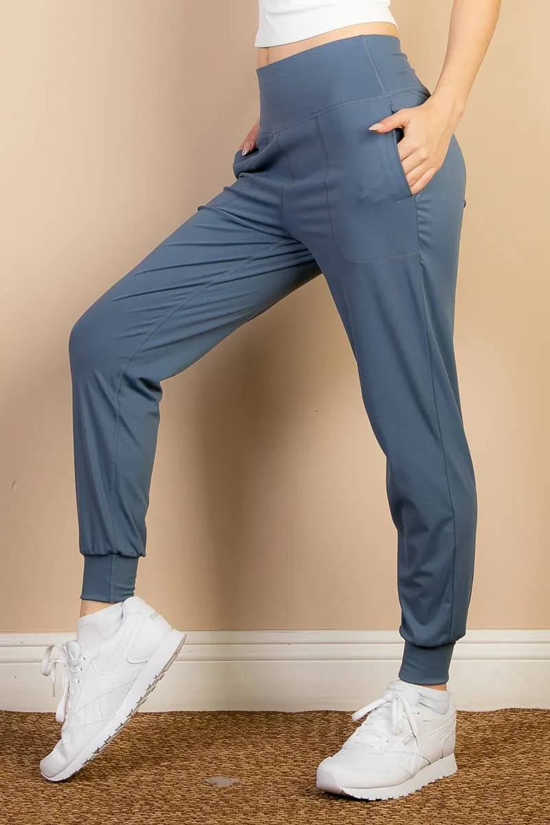 High Waisted Wide Waistband Joggers - Slate Blue