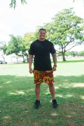 RED & YELLOW STICKERBOMB ALOHA FESTIVAL MESH SHORTS