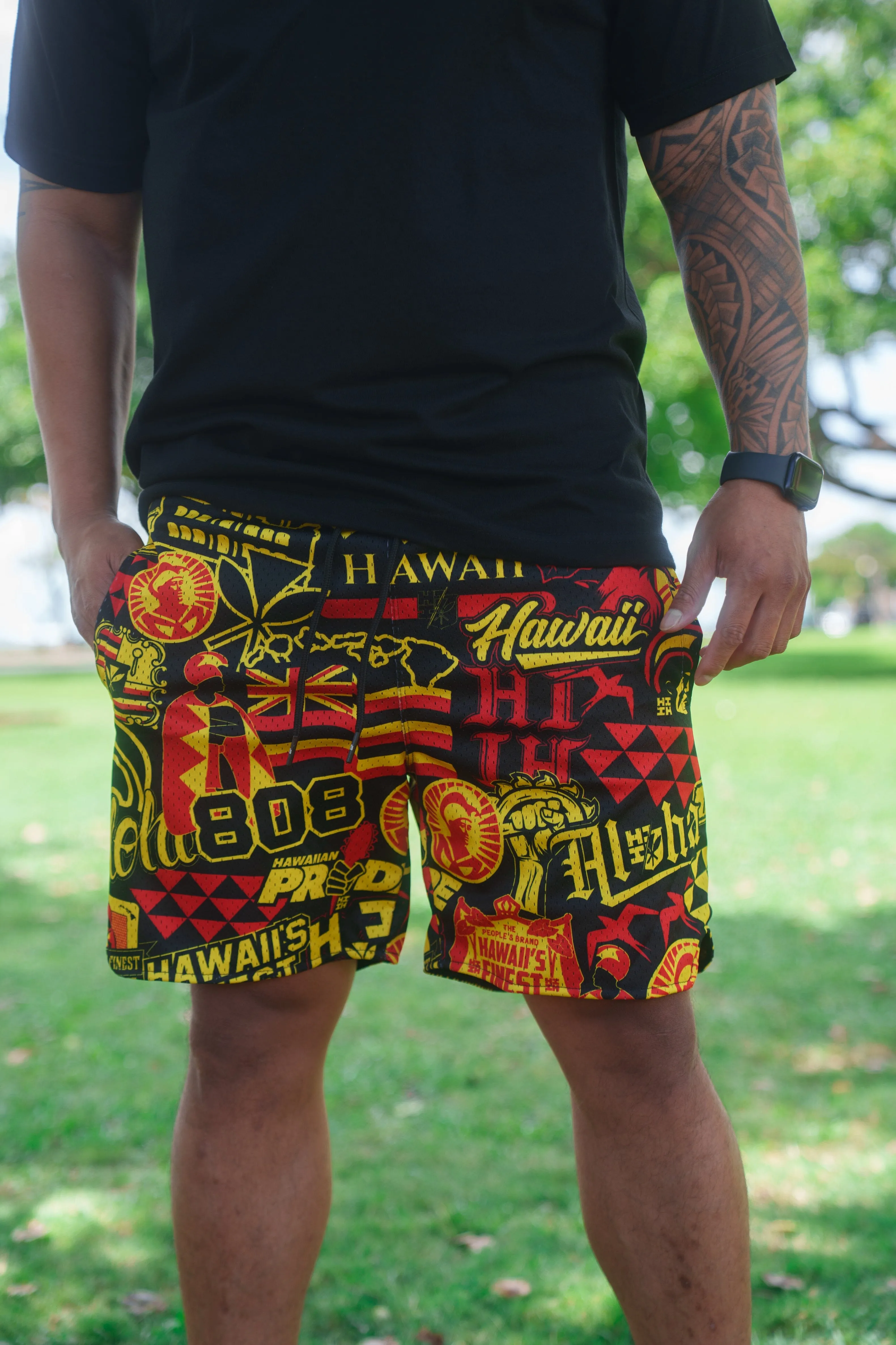 RED & YELLOW STICKERBOMB ALOHA FESTIVAL MESH SHORTS