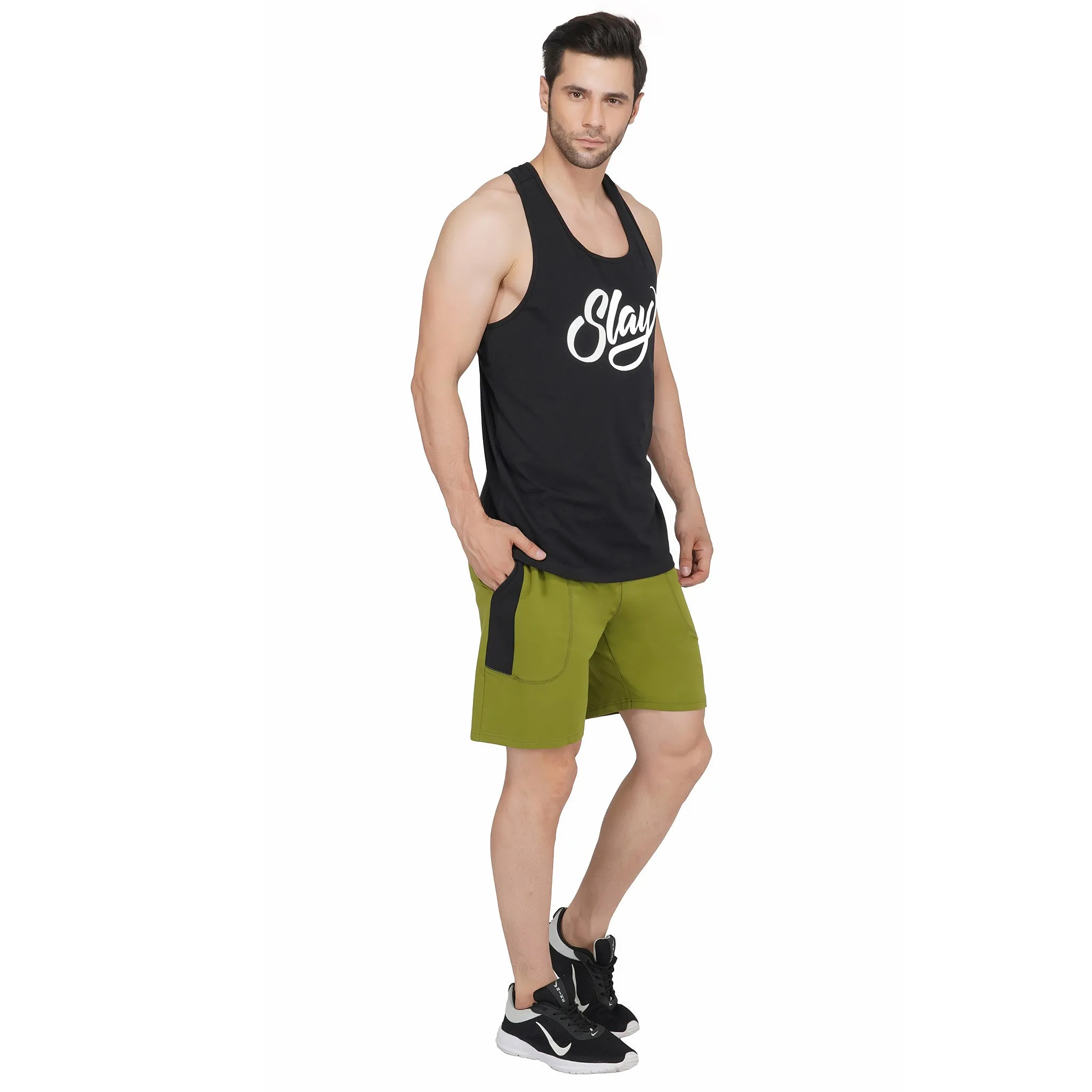 SLAY. Men's Olive Green Activewear Sports Shorts