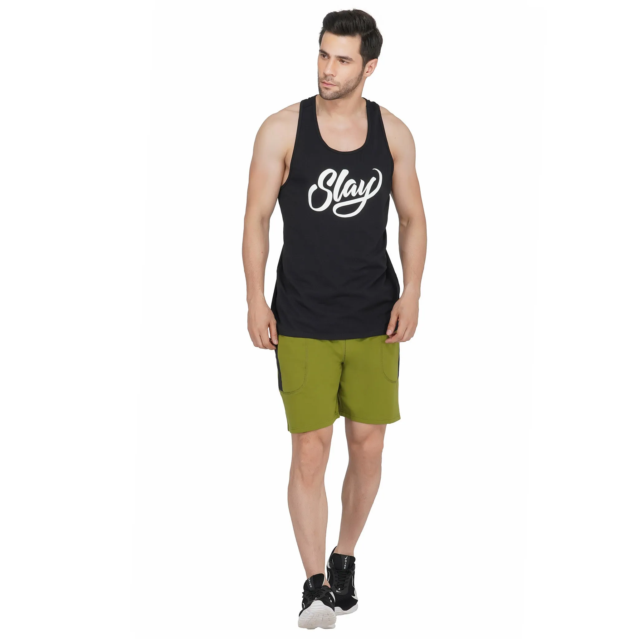 SLAY. Men's Olive Green Activewear Sports Shorts