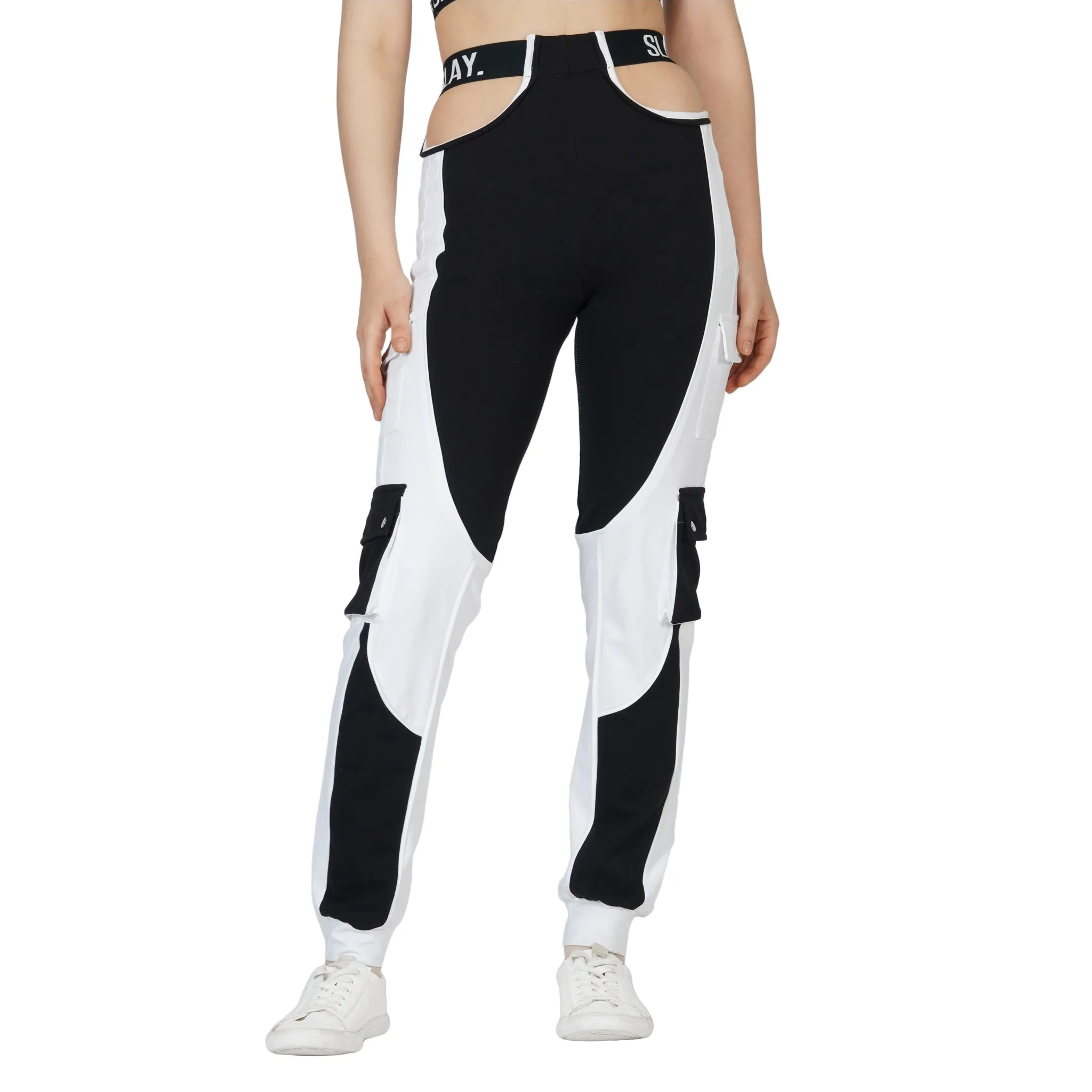 SLAY. Women's Activewear Crop Jacket Black & White Colorblock Streetwear