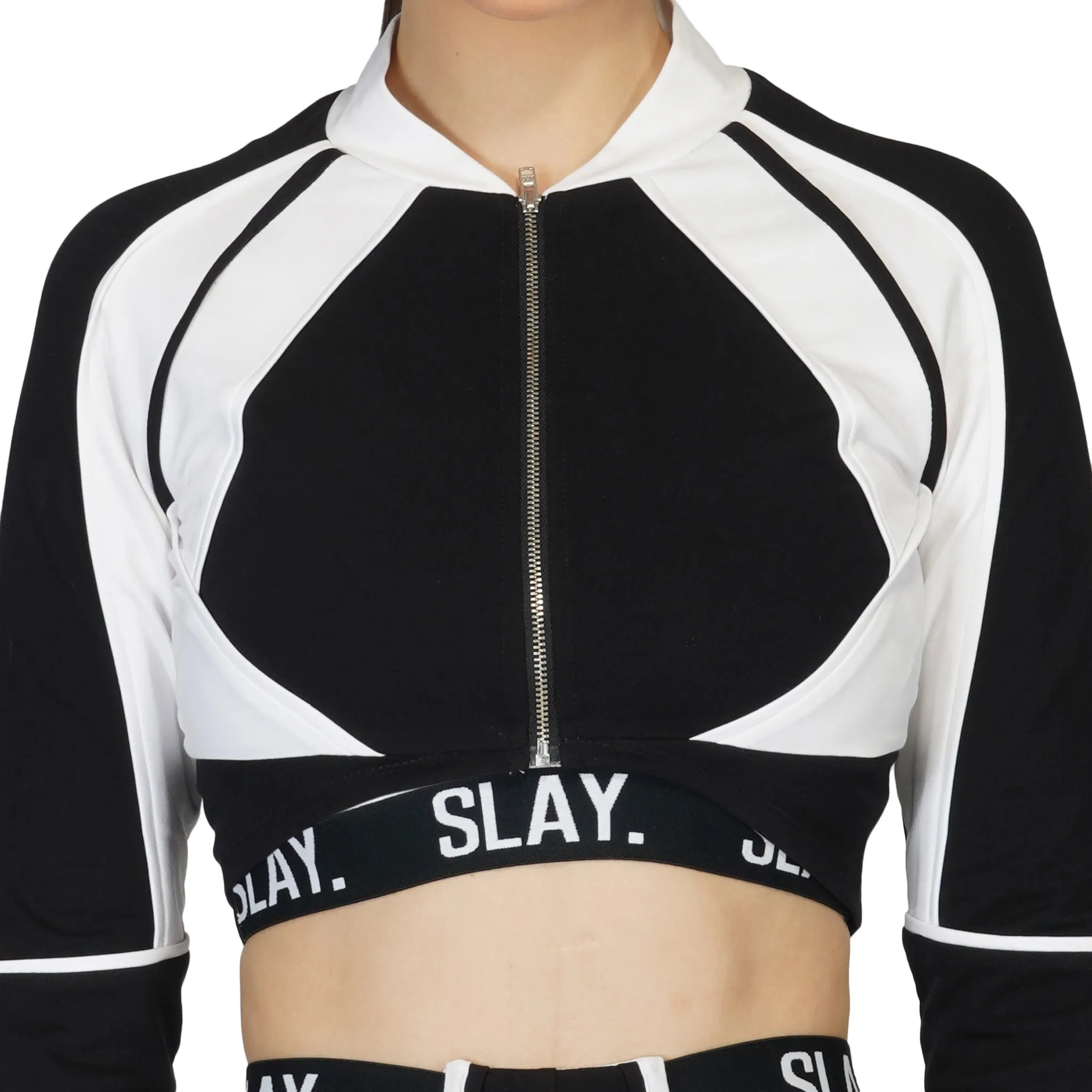 SLAY. Women's Activewear Crop Jacket Black & White Colorblock Streetwear