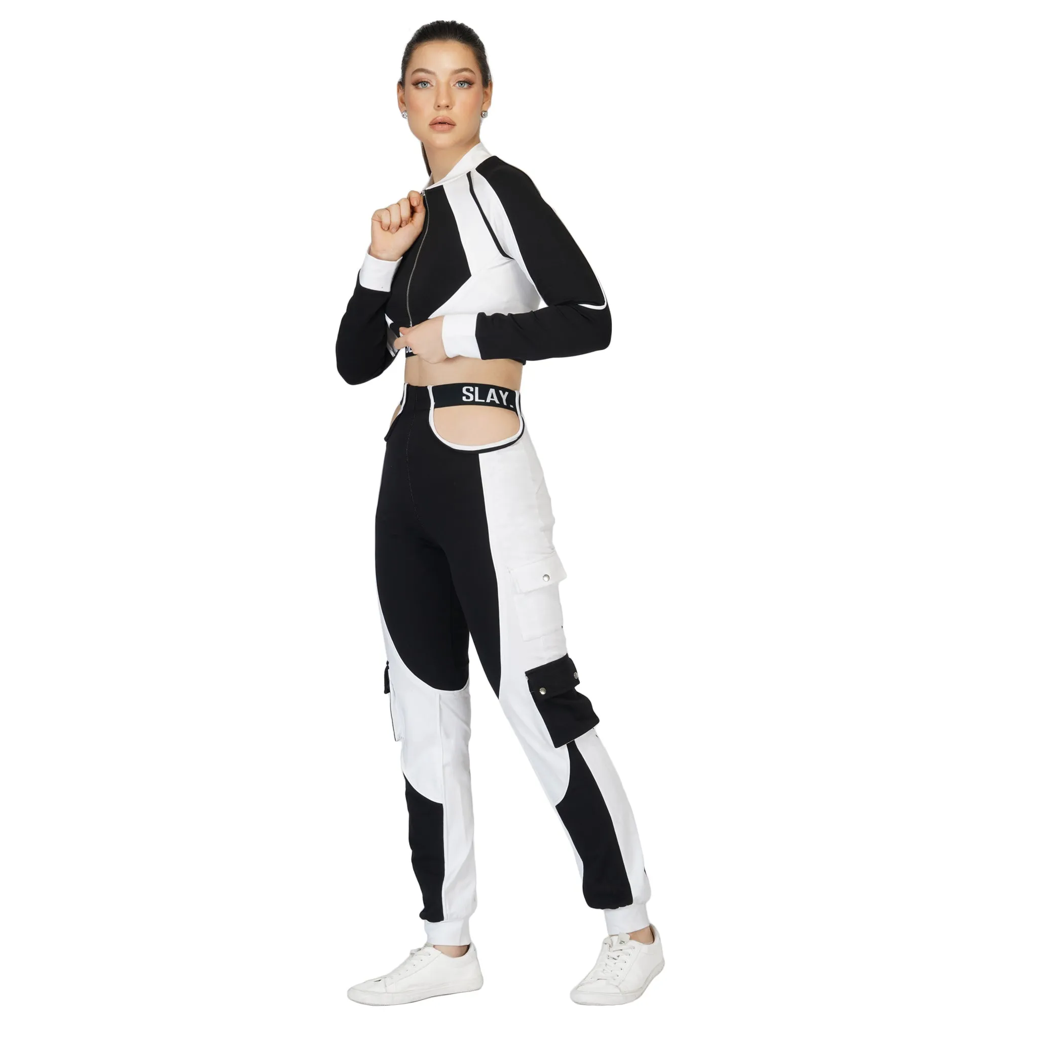 SLAY. Women's Activewear Crop Jacket Black & White Colorblock Streetwear