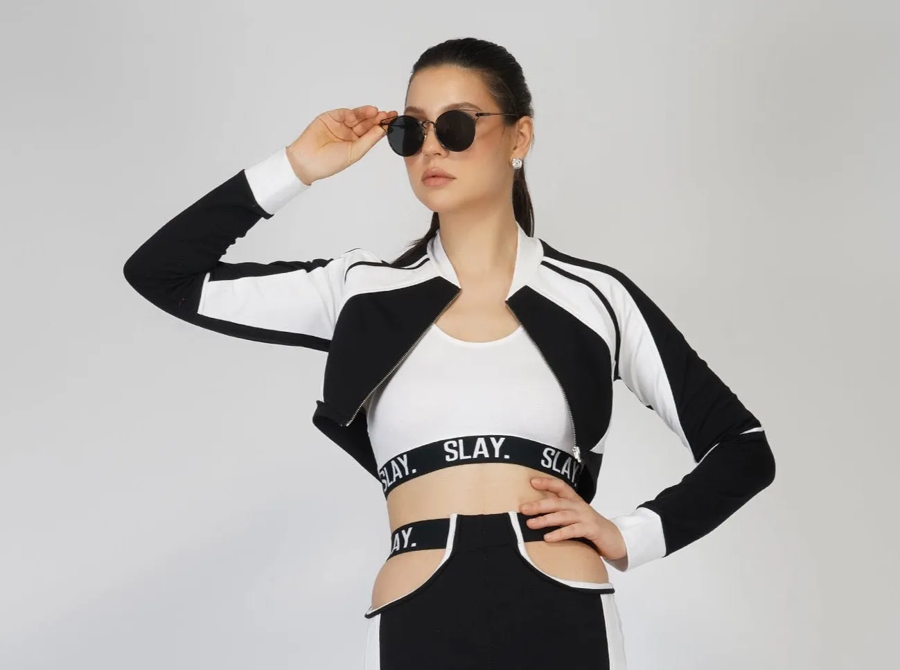 SLAY. Women's Activewear Crop Jacket Black & White Colorblock Streetwear