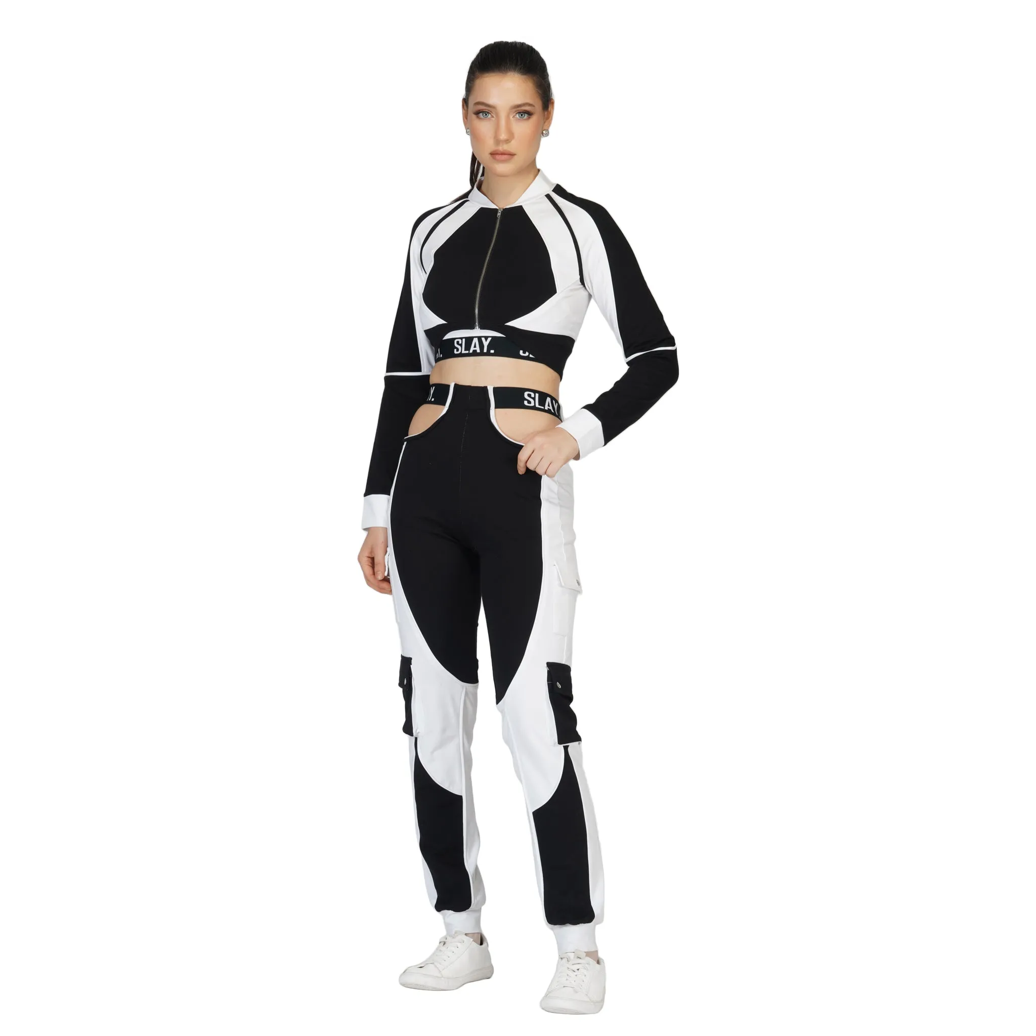 SLAY. Women's Activewear Crop Jacket Black & White Colorblock Streetwear