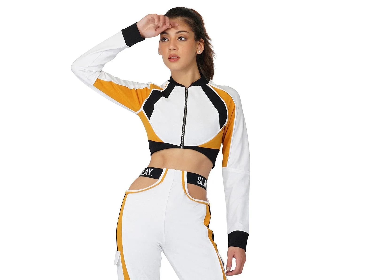 SLAY. Women's Activewear Crop Jacket Mustard Colorblock Streetwear