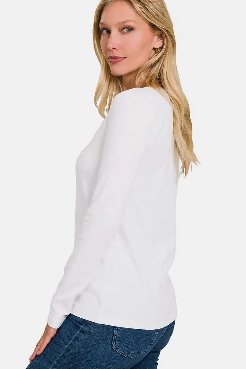 White Full Size V-Neck Long Sleeve T-Shirt