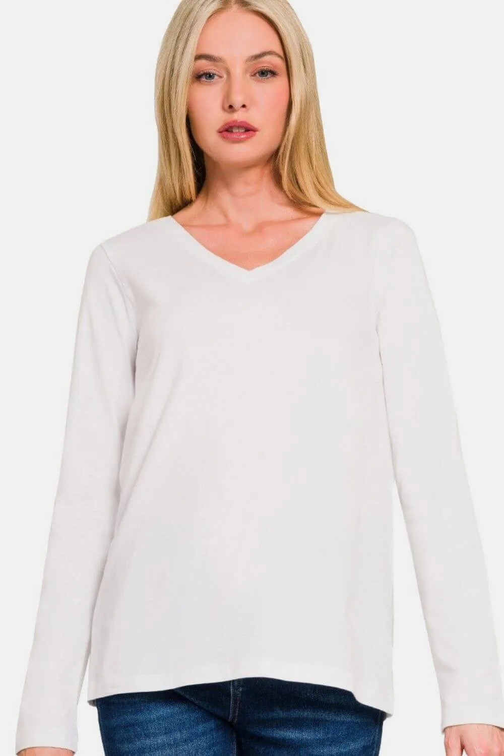 White Full Size V-Neck Long Sleeve T-Shirt