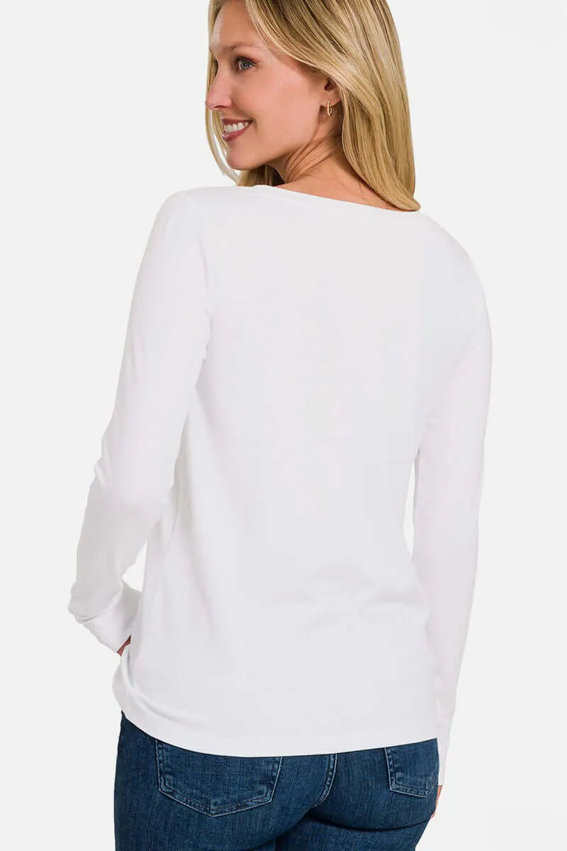 White Full Size V-Neck Long Sleeve T-Shirt