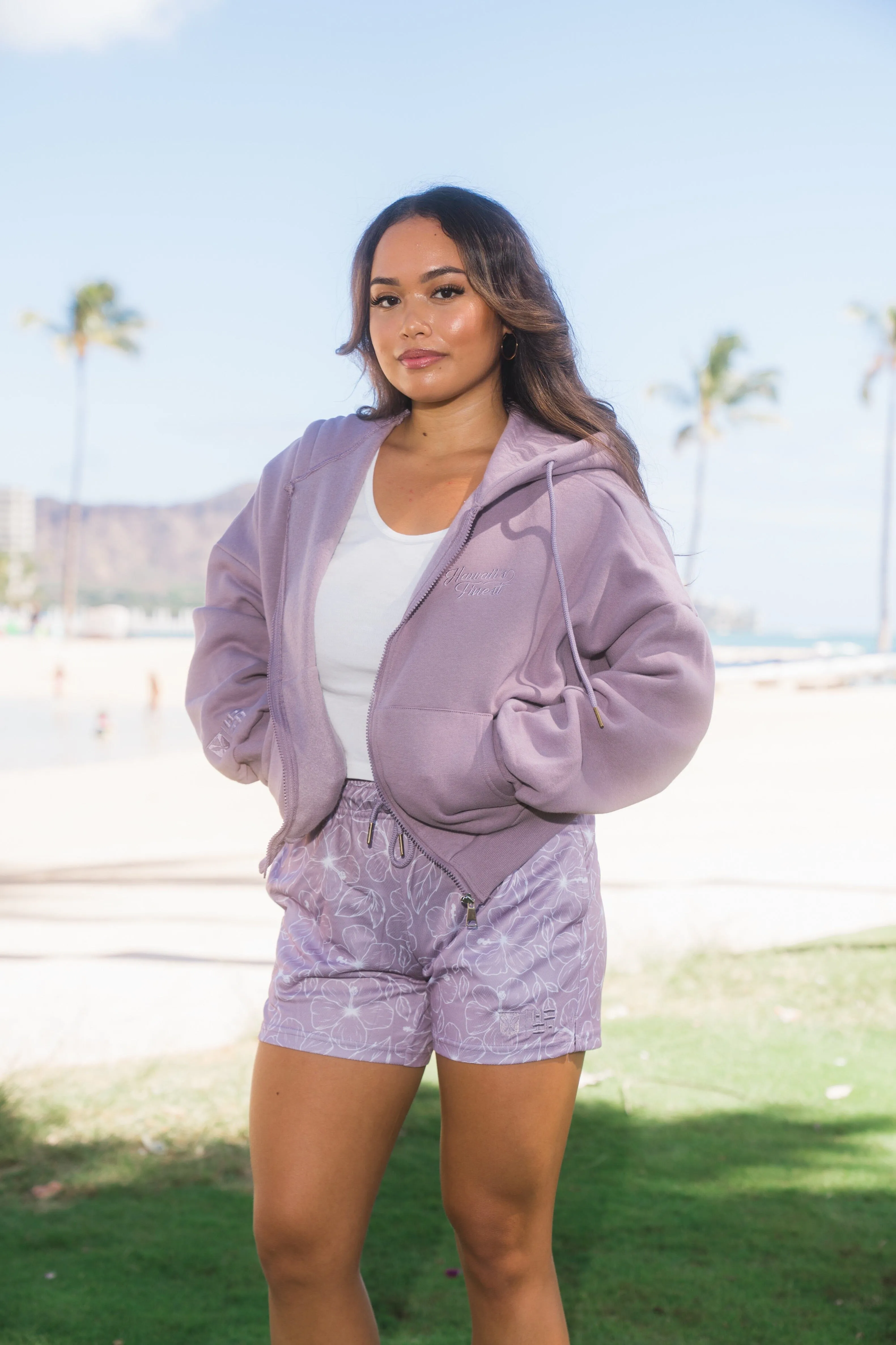 WOMEN'S MAUVE PURPLE HIBISCUS MESH SHORTS